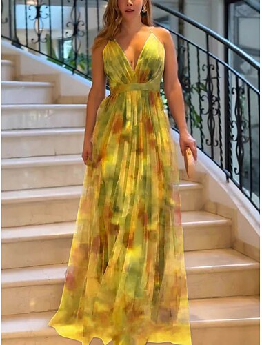  Női Maxiruha Elegáns ruha Stílusos Szexi Alkalmi Normál Nyomtatott Ujjatlan V-alakú Sárga Barack Medence Bíbor Nyár Tavasz Ősz