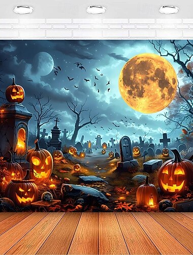  Halloween begraafplaats wandtapijt achtergrond - spookachtig kerkhof met gloeiende pompoenen, volle maan en vleermuizen, spookachtige scène wanddecoratie voor feest en huisdecoratie