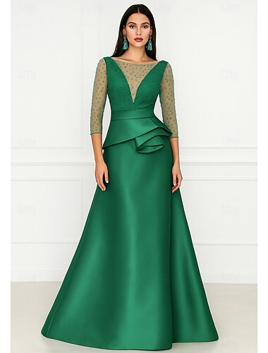  A-Linie Bodenlang Abendkleid Ballkleid Festliche Kleidung Elegant Dreiviertelarm Illusionsausschnitt Hochzeit Formell Rosa Kleid Satin mit Perlenstickerei
