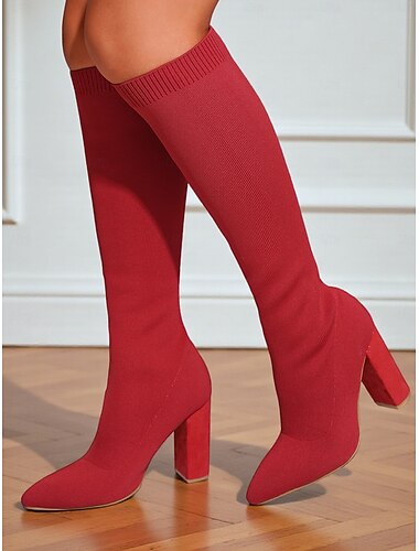  Botas altas hasta la rodilla rojas para mujer: botas largas de punto elástico, punta puntiaguda y tacón grueso para atuendos de otoño-invierno, fiestas y looks urbanos de moda.