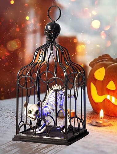  decorazioni di Halloween per interni ed esterni, gabbia sospesa di Halloween con gatto scheletro luminoso, decorazione di Halloween con gabbia sospesa a forma di gatto scheletro, decorazioni sospese
