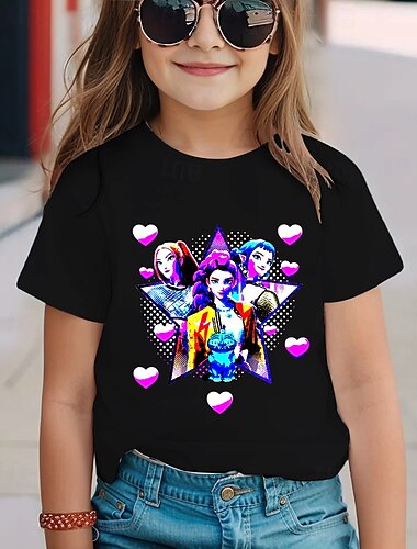  K-POP 悪魔ハンター トレンディなアニメスタイル かわいい女の子の夏半袖Tシャツ 通気性と快適プリント 子供用ファッションTシャツ カジュアルウェア 遊び心のあるスタイル かわいいデザイン 楽しいグラフィック 高品質ステッチ