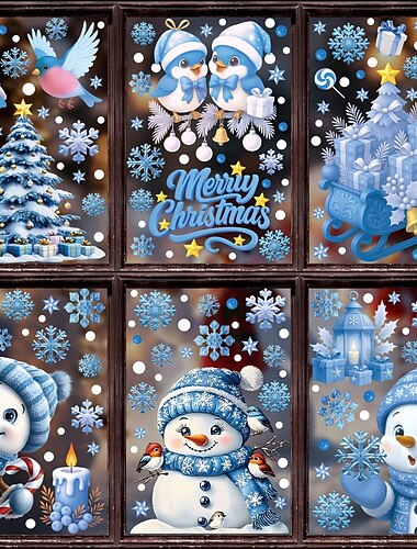  6 ark julevindusklistremerker med klistredekorasjoner, kreative bjeller, reinsdyr, julenissen, snøflak &snømenn, statisk elektrisitet, julefest-hjemmedekorasjon