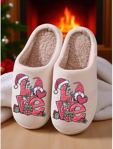  Beige kerstpantoffels voor dames met pluche voering en feestelijke liefdesprint – comfortabele binnenschoenen voor de winter, voor de feestdagen, thuis en als cadeau
