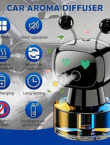  מטהר אוויר לרכב חכם רובוטי עם טעינה ב-USB, עיצוב ארבע הגדרות עוצמת ניחוח, אביזר רכב אידיאלי ומתנה מושלמת