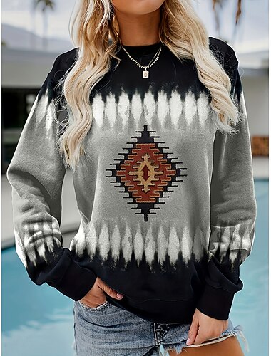  Dam Pullover-tröja Grafisk Geometrisk Stam Varm Aktiv Vintage Långärmad Rund hals Vanliga toppar Gata Vardag Ledigt Lappverk Mönster Grön Kaki Grå Vår Höst Vinter