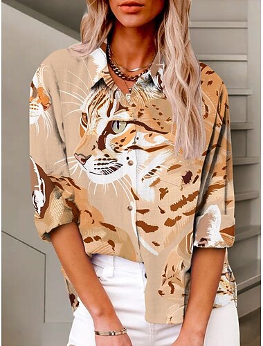  בגדי ריקוד נשים חולצה נמר פעיל יומי מסוגנן שרוול ארוך צווארון חולצה חולצות רגילות יומי חגים כפתורים דפוס חאקי קיץ אביב סתיו