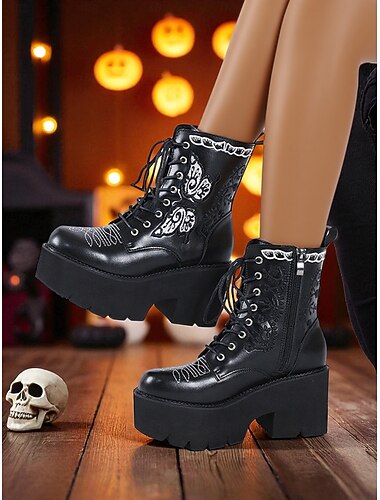  Zwarte dikke veterschoenen met plateauzool voor dames met vlinderborduursel - gothic streetwear enkellaarsjes voor griezelige feestjes en dagelijkse edgy outfits