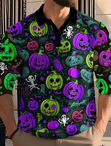  Halloween Herre Gresskar SPIDER Polo Langermet Poloskjorter Knaphul Fritid Mørk Gate treningsklær Dagligdagstøy 3D-utskrift Knapper Vår Høst Vinter Lilla Oransje