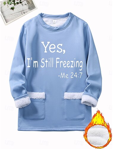  Жен. Пуловер Толстовка Pullover Графика Буквы Теплый Мода На каждый день Длинный рукав Вырез под горло Круглый вырез Обычные топы Для улицы На каждый день Карман С принтом