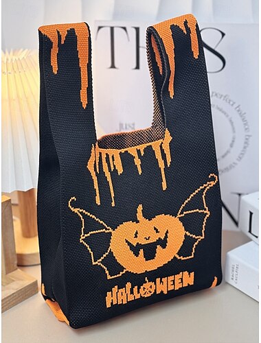  női halloweeni bevásárlótáska – kötött tök- és denevérmintás trick or treat kézitáska, lezser, újrafelhasználható válltáska partira, vásárlásra és ünnepi ajándéknak