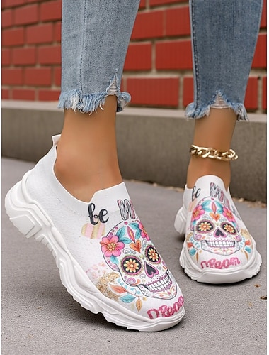  Γυναικεία sneakers με flyknit και πολύχρωμο στάμπα sugar skull – άνετα casual παπούτσια για πάρτι Halloween, Ημέρας των Νεκρών και φθινοπωρινά πάρτι