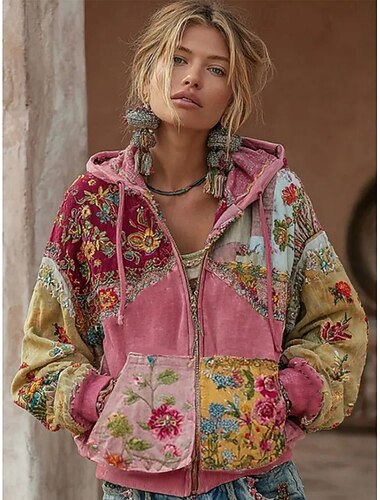 Γυναικείο hoodie 3D εκτύπωσης zip up λουλούδια γραφιστικό vintage μόδας casual μακριά μανίκια κουκούλα κανονικά μπλουζάκια street καθημερινά ρούχα casual patchwork τσέπη με φερμουάρ κόκκινο μπλε