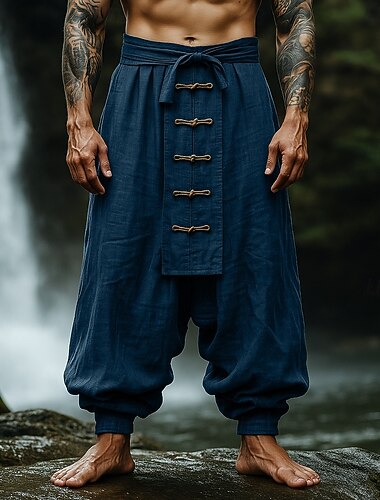  Voor heren Linnen broek Broek Zomerbroek Wijde broek Trekkoord Elastische taille Knop Effen Comfort Ademend Volledige lengte Buiten Yoga Casual Vakantie Ontwerper Rood Marineblauw Inelastisch