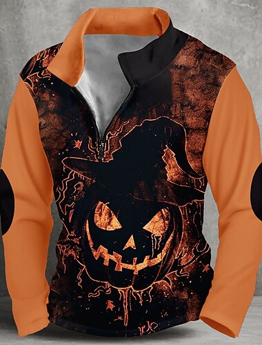  Halloween Муж. Тыква Толстовка На каждый день Длинный рукав Вырез под горло Для вечеринок Для клуба Оранжевый Молния Четверть молния Осень Зима Дизайнер
