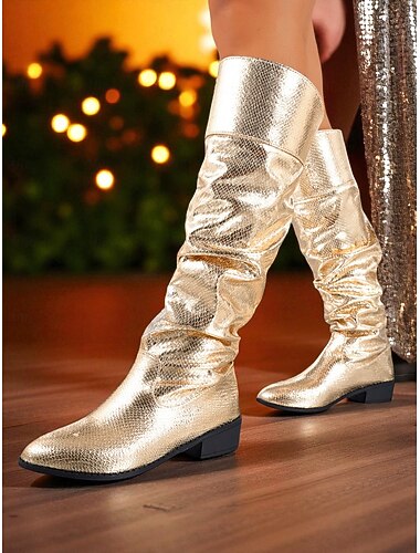 Dames gouden metallic slouch kniehoge laarzen - glanzende feestschoenen met lage hak voor het nachtleven, clubbing en avondmode