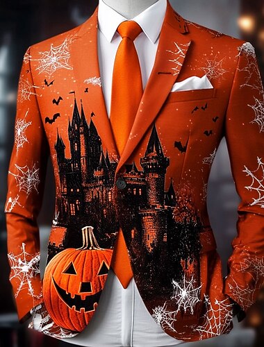  Halloween 男性用 カボチャ キャッスル・城 ブレザージャケット 快適 カジュアル 暗い パーティーイブニングウェア 日常 祭り 3Dプリント ボタン マルチポケット 春 秋冬 ノッチドラペル 長袖 ルビーレッド パープル グリーン