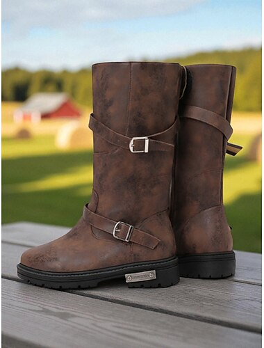  Bottes mi-mollet marron pour femme – similicuir vieilli, brides à double boucle, chaussures d'extérieur décontractées et robustes