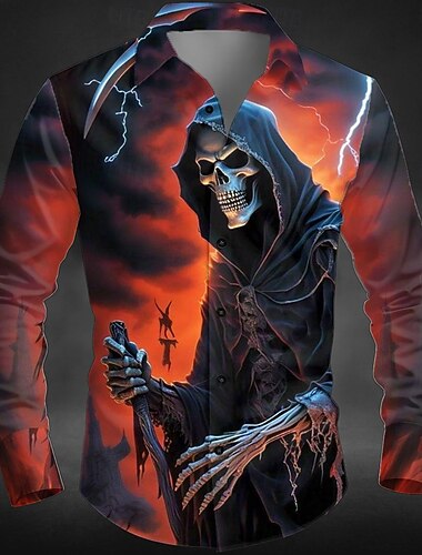  Halloween Ανδρικά Φωτισμός Θάνατος Κοστούμια Halloween Πουκάμισο Πουκάμισο με κουμπιά Μακρυμάνικο Σκοτεινό Πανκ Γοτθικό ΕΞΩΤΕΡΙΚΟΥ ΧΩΡΟΥ Αργίες Καλοκαίρι Άνοιξη Απορρίπτω 3D εκτύπωση γιακά πουκάμισα