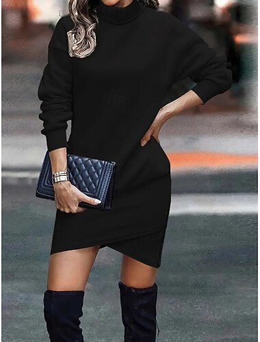  Dame Sweatshirt Kjole Mini Kjole Innpakningskjole Fest Casual Boho Formell Utendørs Hjem Regular Fit Ensfarget Geometrisk Rutete Langermet Høyhals svart Vår Høst Vinter