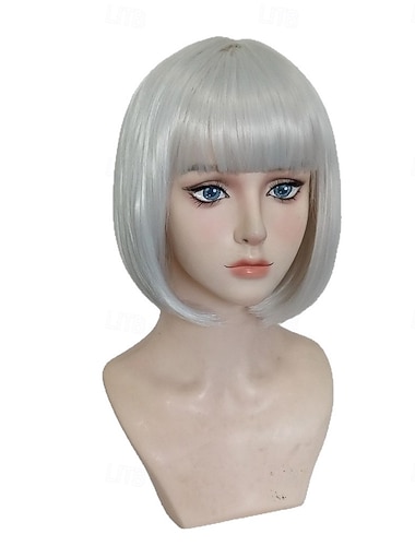  Karnevalsperücke 2026 Weiß Glatt Kurz Synthetische Festivalperücke Karneval Parade Cosplay-Kostümfrisur für Damen