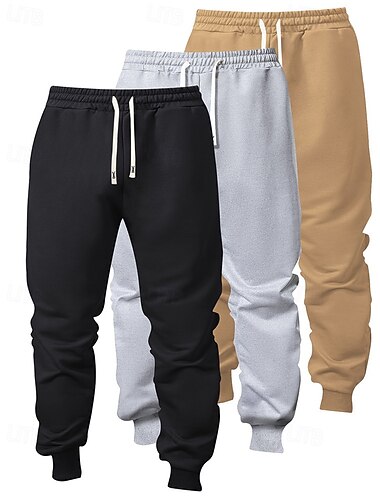  Paquets multiples 3 pièces Homme Noir+Gris+Kaki Joggings Pantalons Cordon de serrage Taille Élastique Uni Vacances Tenue quotidienne Polyester Printemps