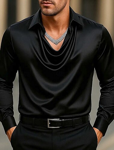 Per uomo Camicia Come la seta Camicia in raso Camicia casual Semplice Formale Matrimonio Argento Nero Oro Verde Manica Lunga Bavero Primavera & Autunno Tutte le stagioni Abbigliamento Arricciato