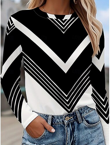  Dames T-shirt Grafisch Geometrisch Gestreept Vintage Stijlvol Klassiek Lange mouw Strakke ronde hals Ronde hals Normale tops Dagelijks Afdrukken Zwart en wit Lente Herfst Winter