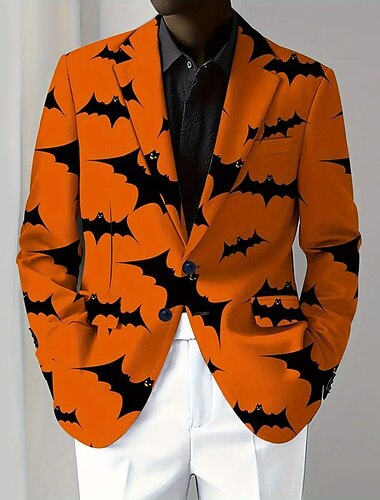  Halloween Per uomo Cappotto Blazer All'aperto Streetwear Festival Casual Quotidiano Britannico Tutte le stagioni 100% Poliestere Pipistrello Stampa 3D Bottoni Confortevole Monopetto Giacca Nero