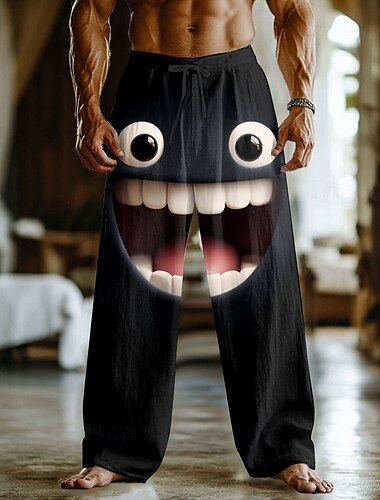  Herren 3D Zeichentrick Lächelndes Gesicht Hose Baggy-Hosen Freizeithose Mittlere Taille Lustig Outdoor Urlaub Heim Elastischer Kordelzug in der Taille Leinenähnliche Hose mit Taschen Frühling Herbst