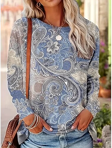  Dame T skjorte Blomstret Grafisk Paisly Årgang Mote Stilfull Langermet Crew-hals Rund hals Vanlige topper Daglig Helg Trykt mønster Dusty Blue Vår Høst Vinter