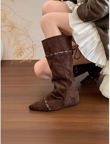  Bottes hautes en daim souples pour femmes avec détails à lacets et bout pointu, style urbain à la mode pour des tenues modernes