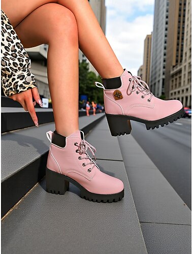  Dámské růžové šněrovací kotníkové boty s robustním podpatkem a podrážkou s výstupky - trendy městská módní obuv pro street style outfity