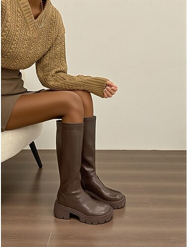  Mokkabraune kniehohe Reitstiefel für Damen mit dicker Profilsohle – modische Freizeitschuhe für urbanen Streetstyle und den Alltag