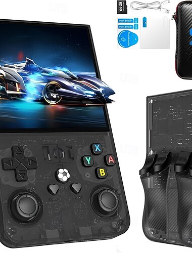  アップグレードされたr36maxハンドヘルドゲームコンソール - デュアルアクションジョイスティック、USB充電、充電式リチウムバッテリー、64GBカード付属、ブラックキャリングケース、外出先でのゲームに最適なポータブルゲームコンソール