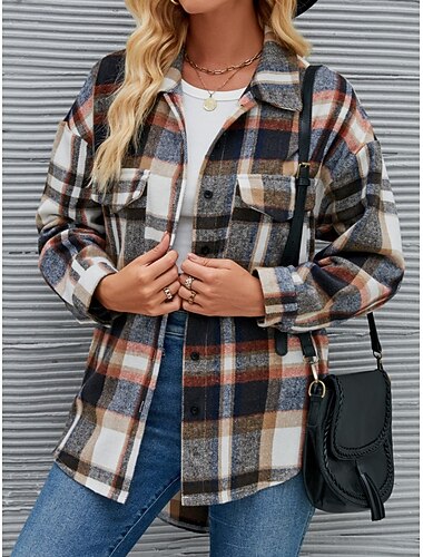  Γυναικεία Μπουφάν πουκάμισο Casual Jacket Άνετο Αναπνέει Τσέπη Κουμπιά Στάμπα Καθημερινό Καρό Διακοπές Δρόμος Causal Καθημερινά Ρούχα Μονόπετο Κανονικό Απορρίπτω Κανονικό Μακρυμάνικο