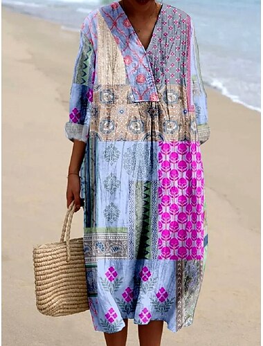  Femmes Robe Midi Robe Décontractée Robe d'Été Robe trapèze Vacances Occasionnel Boho Soirée Fête Plage Coupe Ample Fleuri Graphique Abstrait manche longue Col en V Rose Claire Vert Claire Violet