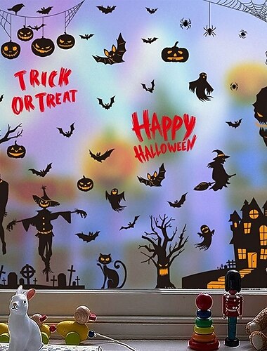  Set van 9 Halloween raamstickers – herbruikbare statische stickers met pompoenen, spoken en vleermuizen &spookhuisontwerpen voor glazen decoraties voor feestdagen