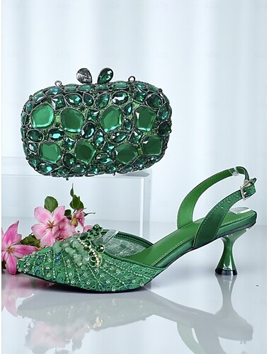  Groene damesschoenen met strass-hak en clutch - elegante slingback pumps en handtas voor cocktailparty's en formele gelegenheden