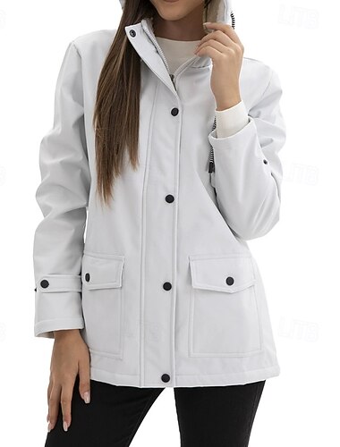  Dámské Neformální bunda Nepromokavé bundy a pláště do deště Voděodolný Větruvzdorné Zip Kapsy Módní Venkovní Bez vzoru Jdeme ven Víkend Zip Standardní Kapuce Běžný Dlouhý rukáv Svrchní oděvy Čern