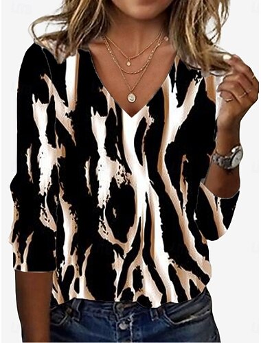  dames tuniek t-shirt luipaard kleur blok letter vintage stijlvol casual lange mouw v-hals normale tops dagelijks sport weekend print grijs / rood wit / zwart herfst