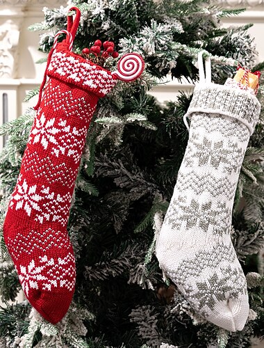  Lot de 2 bas de Noël tricotés, chaussettes de Noël en tricot flocon de neige rouge, décoration de vacances, sacs cadeaux suspendus pour enfants, cheminée &décorations d'arbre de Noël