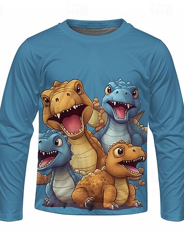 Ragazzi 3D Cartoni animati Dinosauro Maglietta Manica Lunga Primavera Autunno Moda Essenziale Bambini 4-12 Anni Girocollo All'aperto Casuale Quotidiano Vestibilità regolare