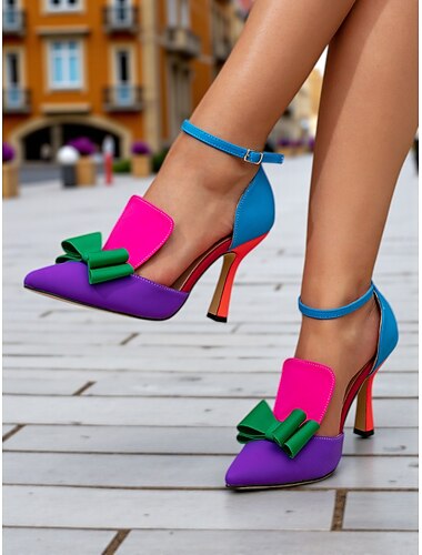  Dames 1950s colorblock hoge hakken met strik - retro chique multicolor imitatieleren stiletto pumps voor vintage feestjes, fotoshoots en mode-evenementen