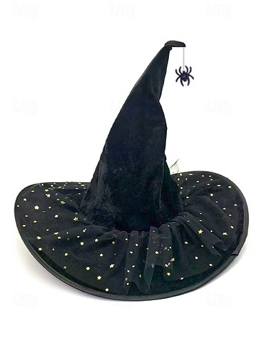  Dámský halloweenský čarodějnický klobouk – černý sametový špičatý klobouk s pavoučím a hvězdicovým lemem na kostýmní párty, cosplay a doplňky pro převlékání