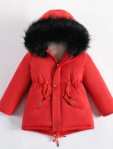  Bambini Ragazze Cappotto in Piuma Tinta unica Moda Bordo in pelliccia Scuola Cappotto Capispalla 4-12 Anni Inverno Nero Rosso