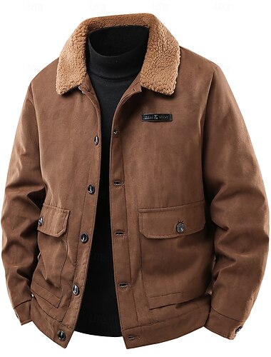  Ανδρικά Μπουφάν Faux Suede Opritor de Vânt Μπουφάν καφέ σουέντ Causal Καθημερινά Opritor de Vânt Τσέπη Γιακάς Fleece Χειμώνας Άνοιξη & Χειμώνας Συμπαγές Χρώμα Βίντατζ Μοντέρνα Κολάρο Πουκαμίσου