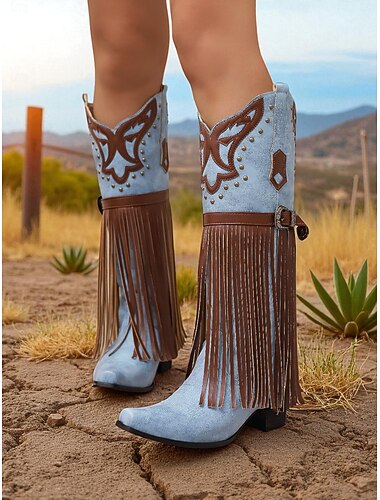  Bottes de cowboy western à franges bleues et marron pour femmes - bottes hautes brodées en similicuir pour le style rodéo, les concerts country et les tenues de festival
