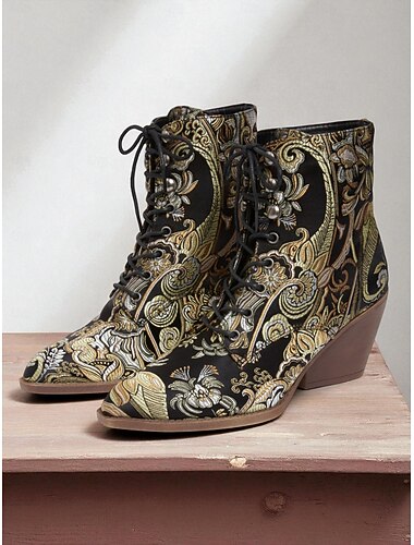  Bottines à lacets en jacquard vintage édouardien pour femmes - bottines à talons compensés à fleurs baroques pour fêtes rétro, mode d'automne des années 1900-1910 et costumes à thème