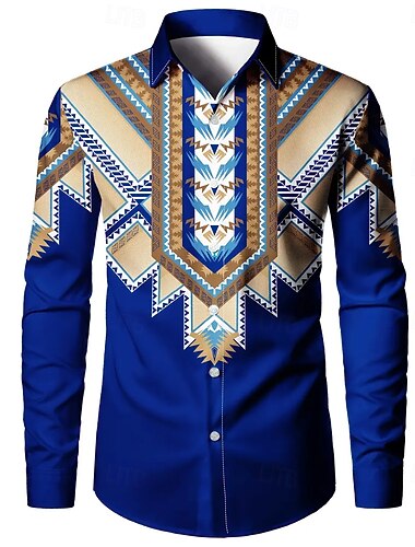  Herren Ethnisch Indische Kultur Navajo-Muster Hemd Knopfhemd Lässiges Hemd Langarm Vintage-Retro Urlaub Täglich Streetwear Sommer Frühling Umlegekragen 3D-Druck Hemden mit Kragen Dunkelblau